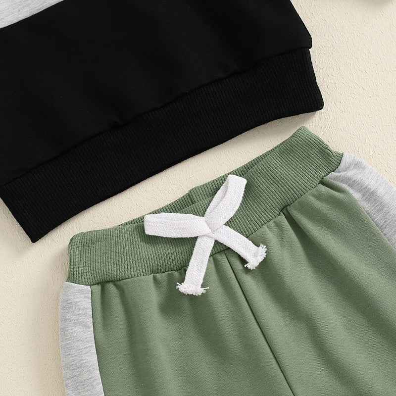 3-24 MO & 3T Boy Pants Set, Long Sleeve, Round Neck Sweatshirt. Drawstring Long Pants Contrast Color Outfits