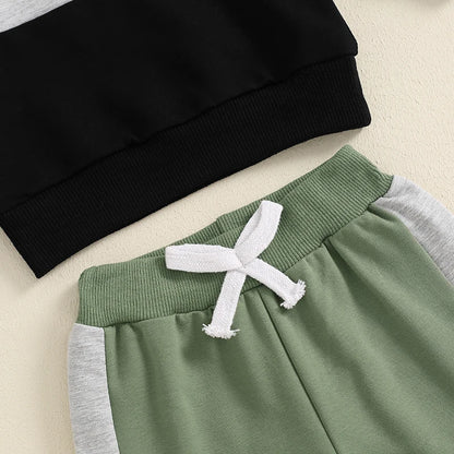 3-24 MO & 3T Boy Pants Set, Long Sleeve, Round Neck Sweatshirt. Drawstring Long Pants Contrast Color Outfits