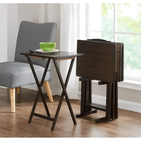 Folding TV Table Set 5 Tables 1 Rack Stand Walnut Rubberwood Tray Table 26"