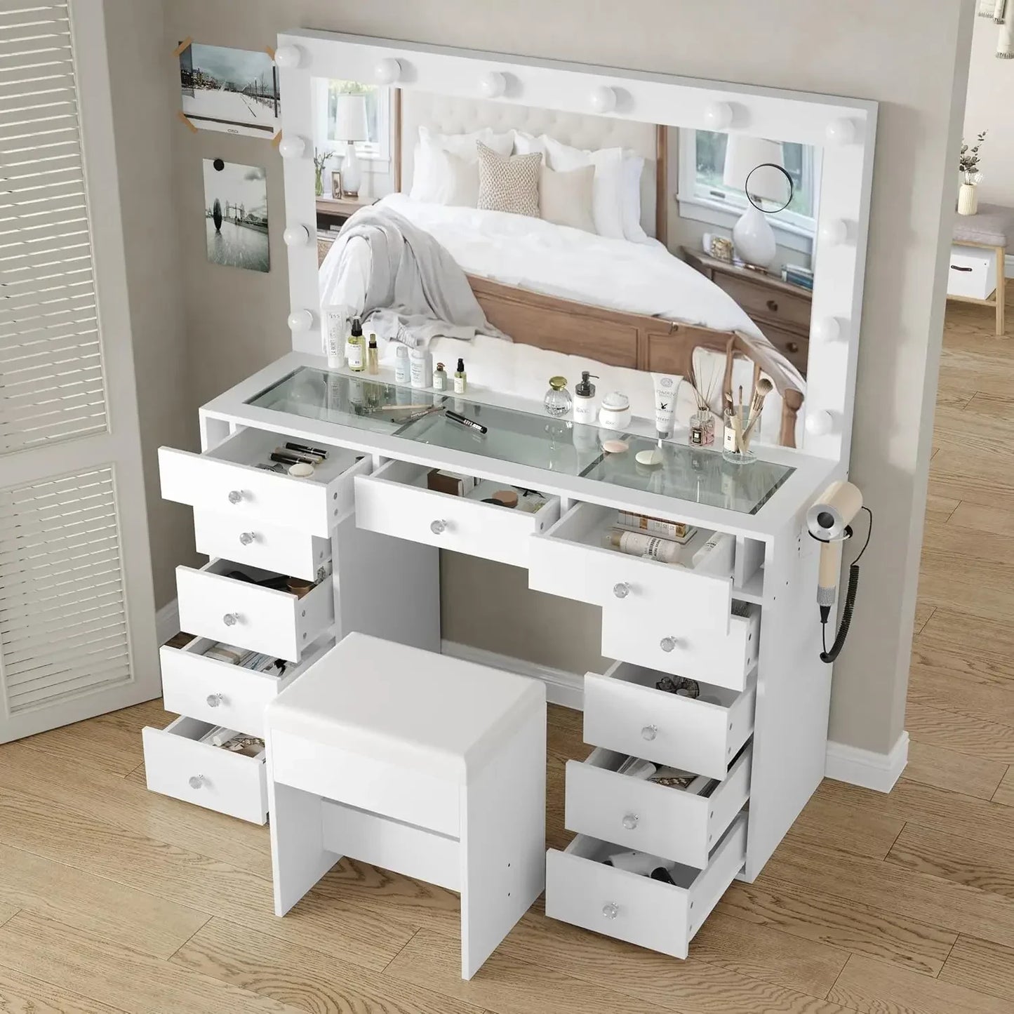 Vanity Desk with Mirror Power Outlet,12 LED Lights, and 11 Drawers