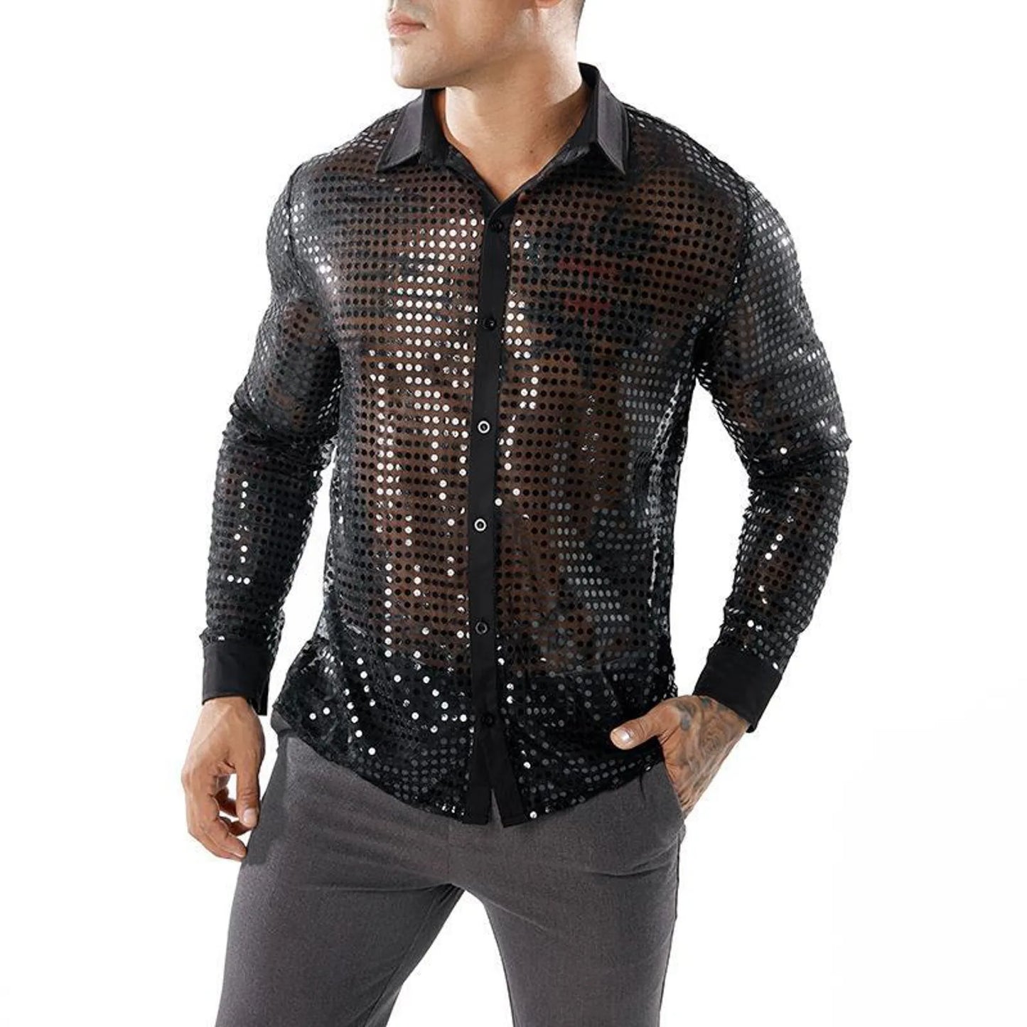 Glitter Sequin Shirt, Men's Long Sleeved Performance Wear, 70s Disco, Lapel Neck, Slimming Sparkle Compression Shirts With Button