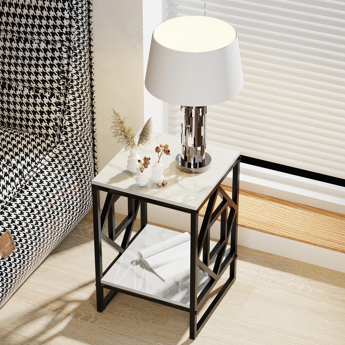 White Marble Top Side Table, Black Coated Frame