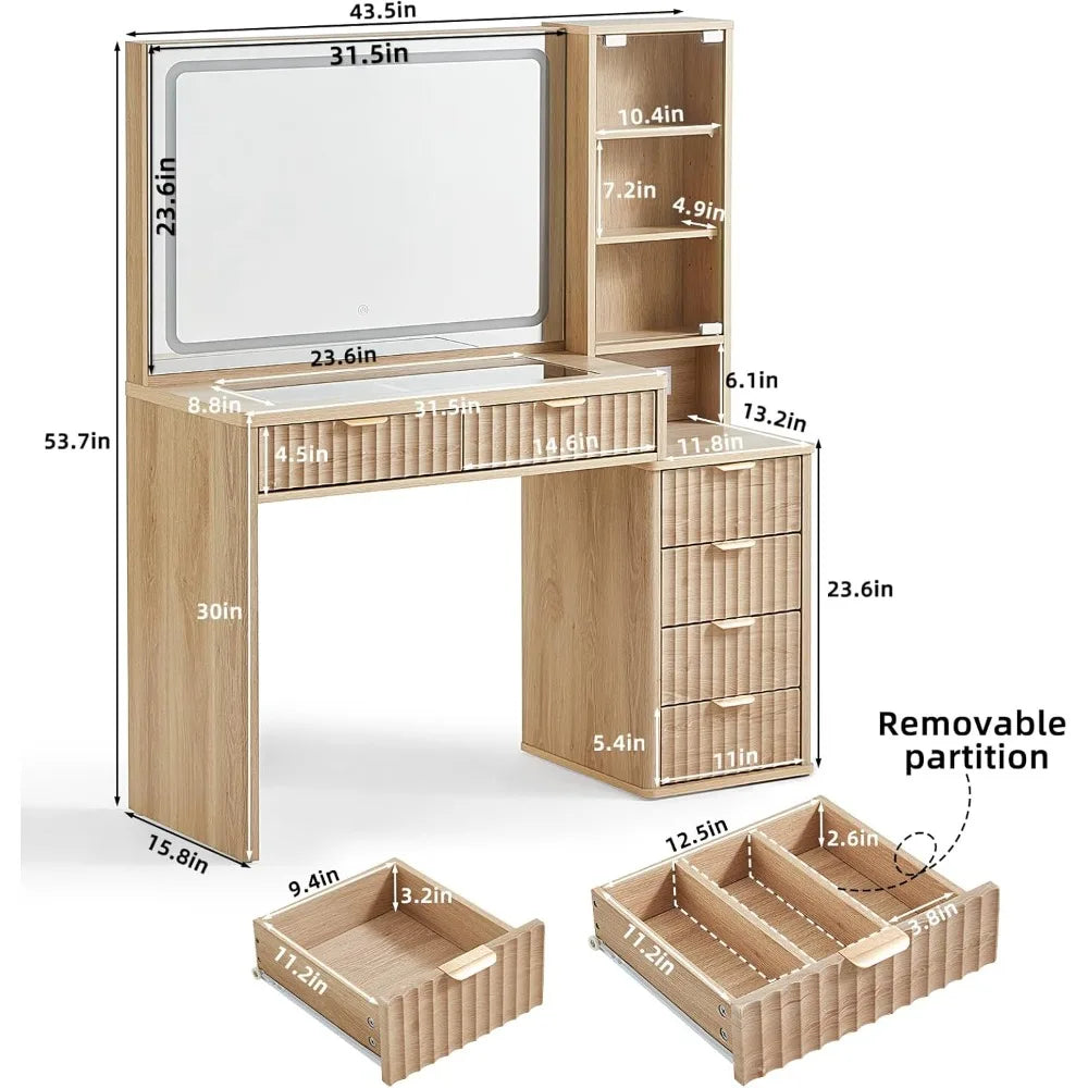 43.5'' Vanity Desk with Mirror and Lights, with 6 Drawers and Adjustable Shelves, Glass Top