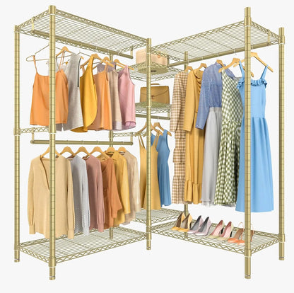 L Shaped Clothes Rack Heavy Duty Clothing Rack for Corner, 5-Tier Wire Garment Racks