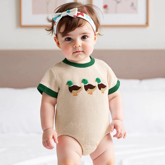 3-18 MO Baby Unisex Romper, Short Sleeve, Crew Neck, Duck Embroidery