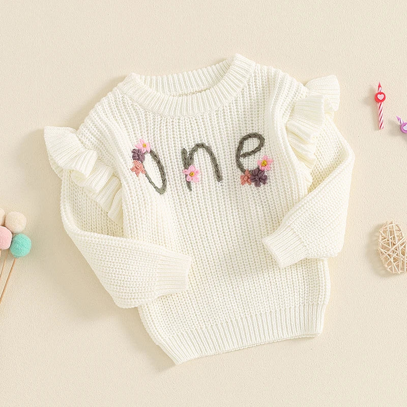 6-18 MO Birthday Sweater, Floral Letter Embroidery, Warm Knitted Pullover