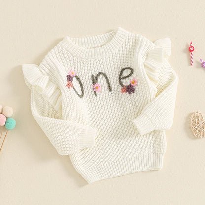 6-18 MO Birthday Sweater, Floral Letter Embroidery, Warm Knitted Pullover
