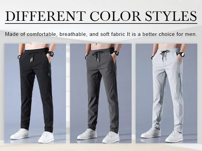 Men Fast Dry Stretch Pants, Ice Silk Trousers, Solid Color, Mid-Waist