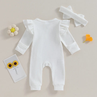0-12M Baby Girl Ruffle Zipper Romper, Long Sleeve Jumpsuit