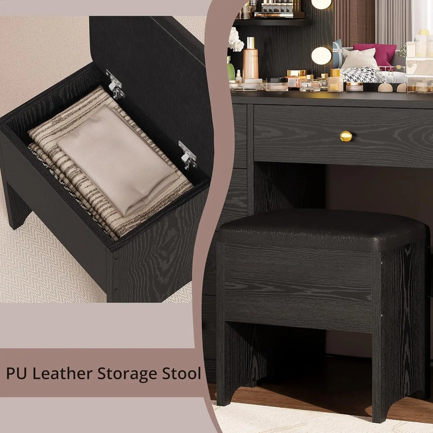 Vanity/Desk with Mirror and Lights with 5 Drawers