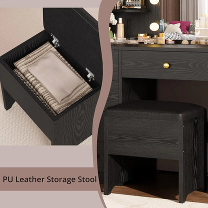 Vanity/Desk with Mirror and Lights with 5 Drawers