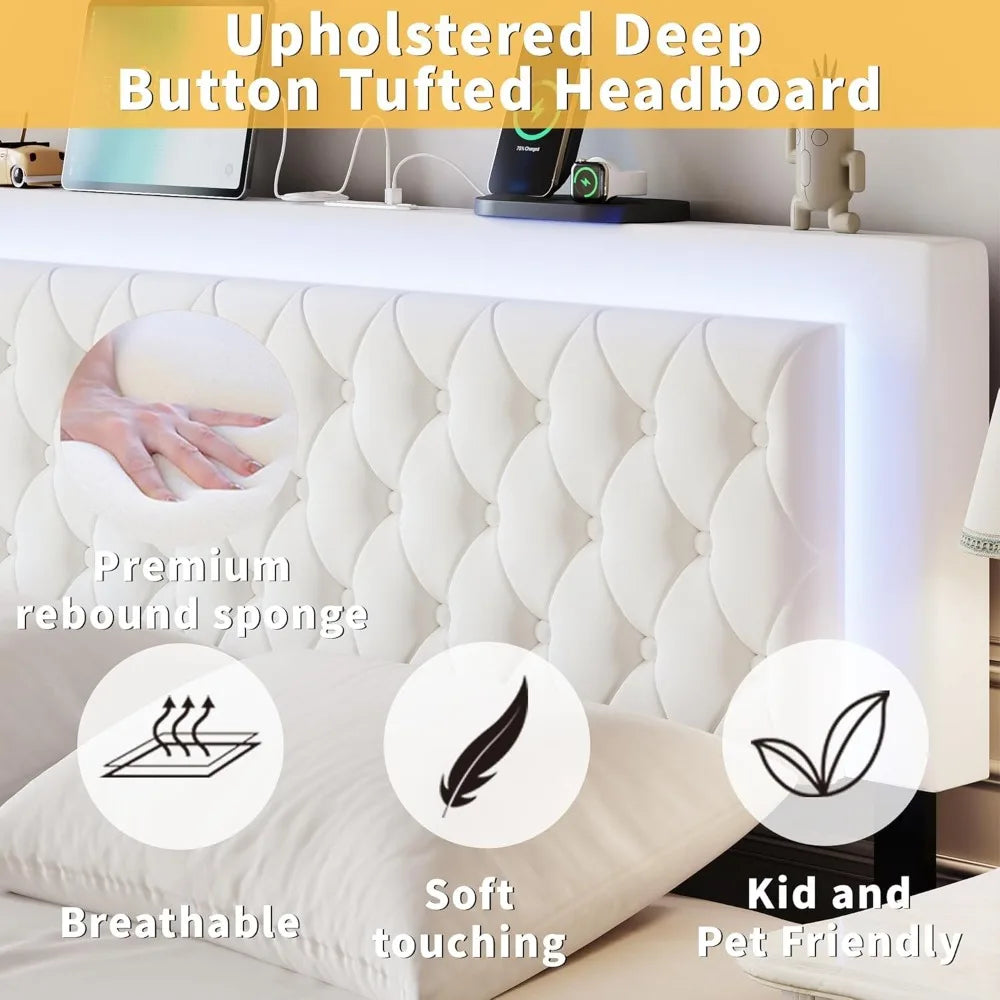 Queen Size Bed Frame with Storage, LED, Adjustable Headboard, Upholstered Velvet