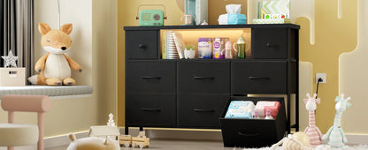 Black 55" TV Stand with 8 Drawers, Fabric Chest of Drawers, Power Outlets and LED Lights