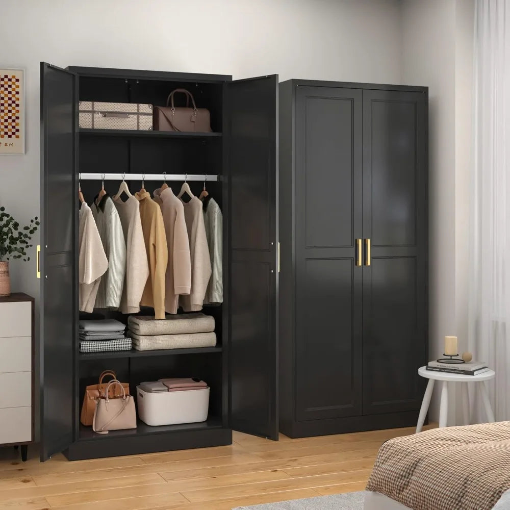 71" Metal Wardrobe Cabinet with Hanging Rod, and Adjustable Shelves