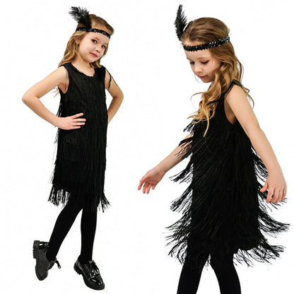 4-12 yo Girls Flapper Dress, Sequins Fringe, Tassel Tango