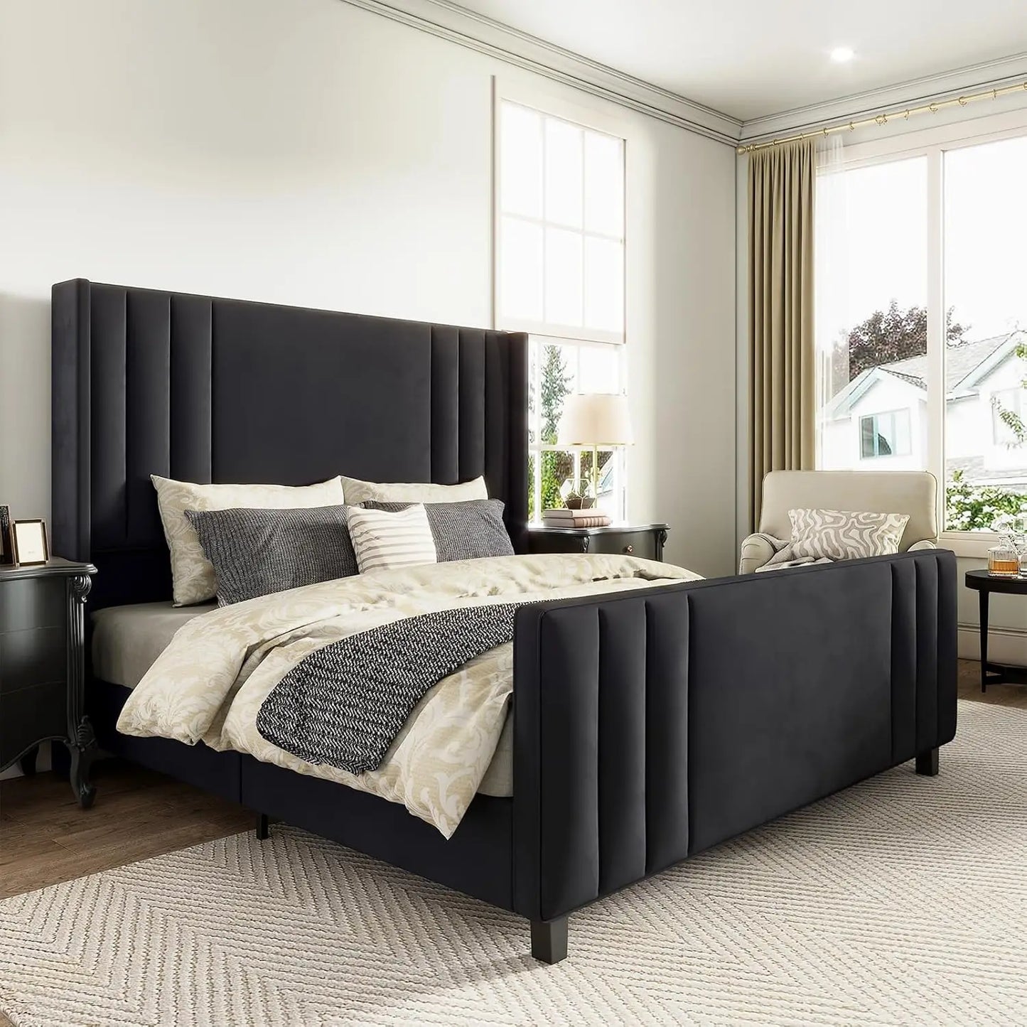 Velvet Upholstered Platform Bed with Vertical Channel Tufted Headboard & Footboard/Wingback, Mattress Foundation with Wood Slat