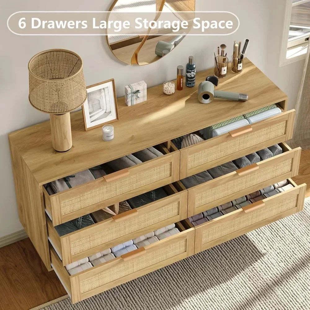 Rattan 6 Drawers Dresser with Wood Legs