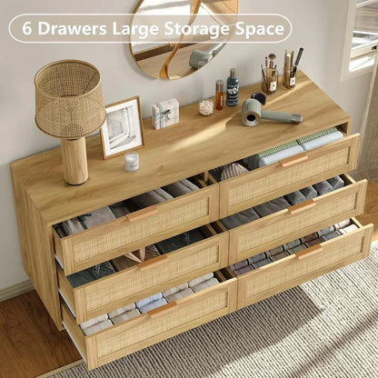Rattan 6 Drawers Dresser with Wood Legs