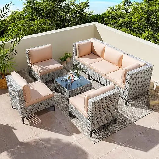 7-Piece Outdoor All-Weather Rattan Sectional Sofa With Thick Cushions