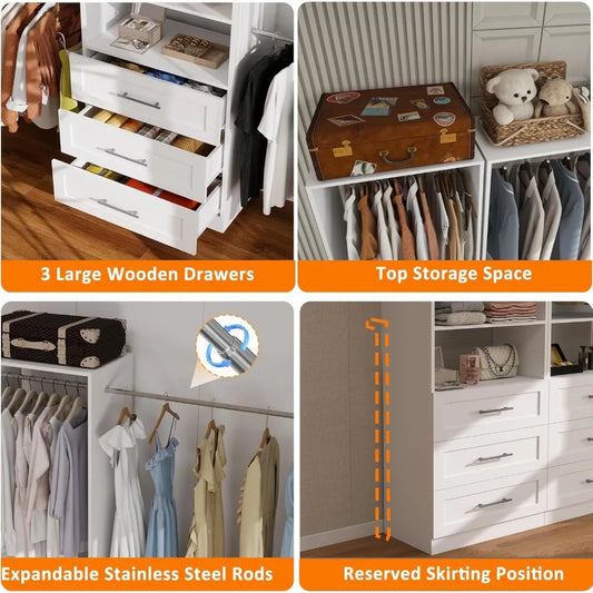 Closet System with 3 Drawers, 4-8.5 FT Wooden Closet Organizer System, 103” Closet Built in System with Shelves
