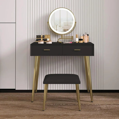 Vanity Desk Set with 360° Rotating Mirror and Lights, with Microfiber Leather, with 2 Drawers,