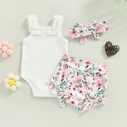 3-18M Baby Girls Shorts Set, Sleeveless Romper, Flower/Rainbow/Print Shorts, Hairband