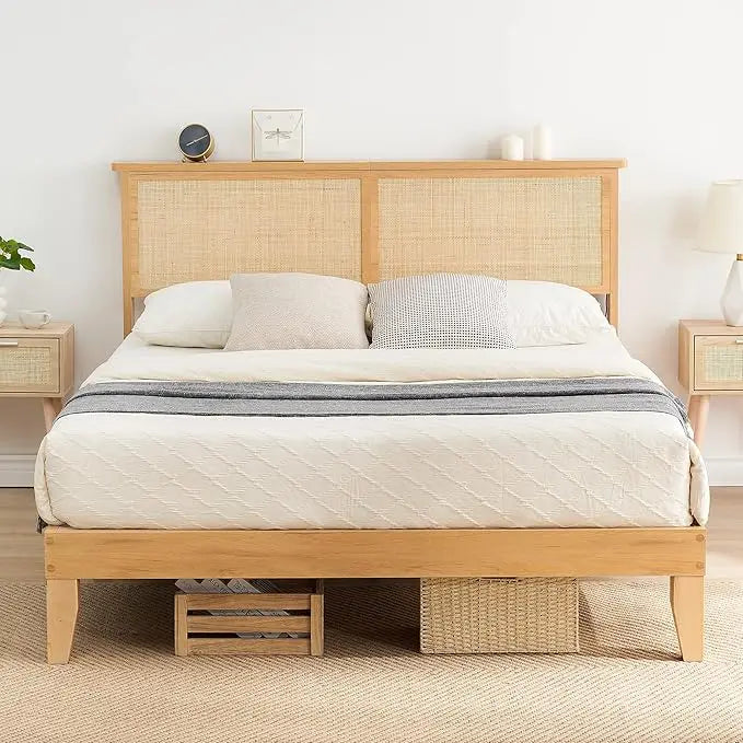 Full Bohemian Rattan Bed Frame with LED Lights,Solid Wood Foundation