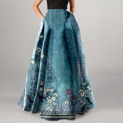 Bohemian Print Long Holiday Floral Skirt, High Waist