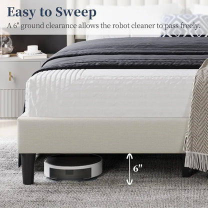 Upholstered Platform Bed - Fabric Headboard with Wing Edge Design | Wooden Slats Support, Non-Slip & Noise-Free