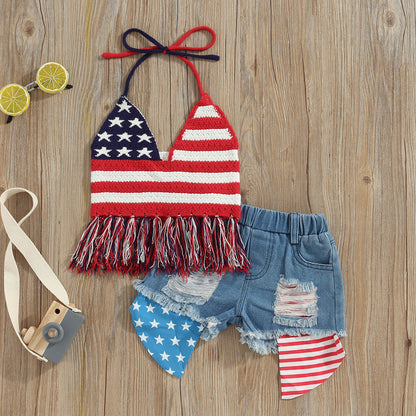 2Pc 2T-6T Toddler Girl  Independence Day Summer Set, Knit Vest Top Denim Shorts