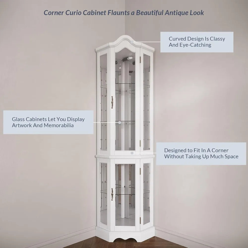 Lighted 3-Side Glass Display Curio Cabinet w/ Tempered Glass Doors and Shelves