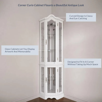 Lighted 3-Side Glass Display Curio Cabinet w/ Tempered Glass Doors and Shelves
