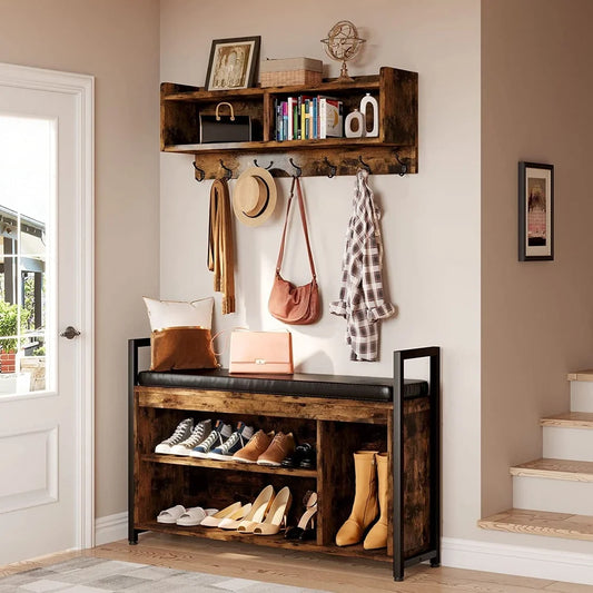 Industrial Entryway Hall Tree Coat Rack Shoe Bench Storage Shelves Hooks Cubbies Padded Seat Rustic Home Organization Furniture