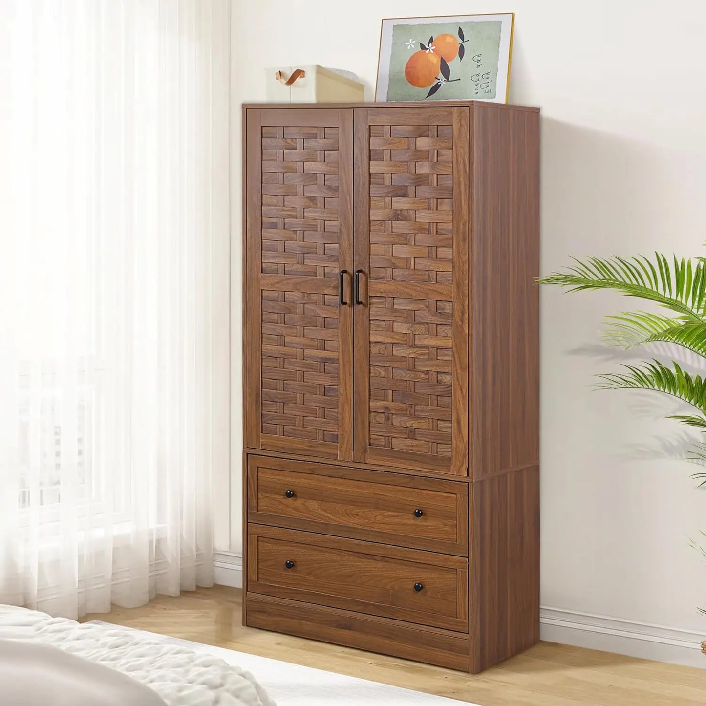 Armoire Wardrobe Closet with 2 Woven Doors, Wardrobe Cabinet with 2 Storage Drawers