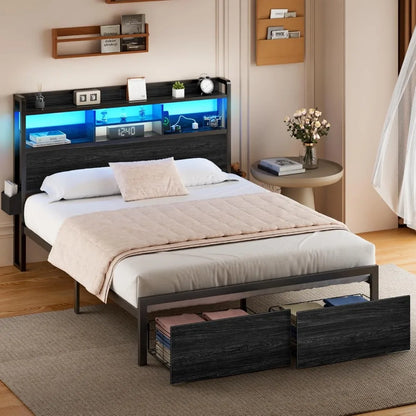 Metal Platform Bed Frame with Storage Drawers and Shelf, LED Lights and Charging Station
