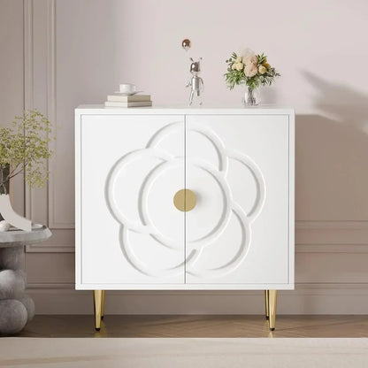 Modern Accent Sideboard Buffet Cabinet for Bedroom, Living Room, Kitchen with Decorative Flower Pattern Doors