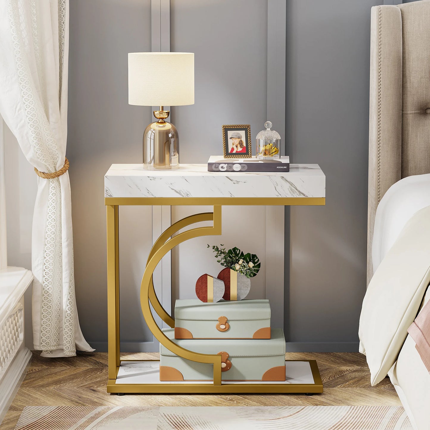 Narrow White Gold Side C Shaped End/Bedside Table
