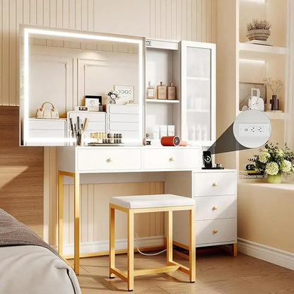 Vanity Desk with Sliding Mirror and LED Lights, Power Outlet & Vanity Stool f