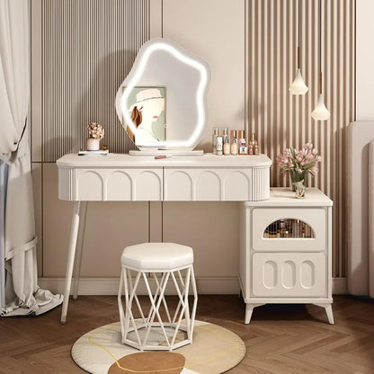 39" Vanity/Desk with Storage Cabinets and 2 Drawers, Lighted Mirror and Stool