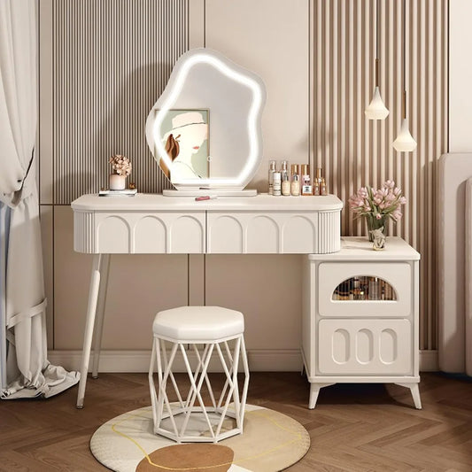 39" Vanity/Desk with Storage Cabinets and 2 Drawers, Lighted Mirror and Stool