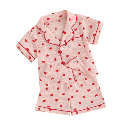 6MO-4T Girl Valentine‘s Day Heart Button Down Short Sleeve Sleepwear Loungewear Pjs Set