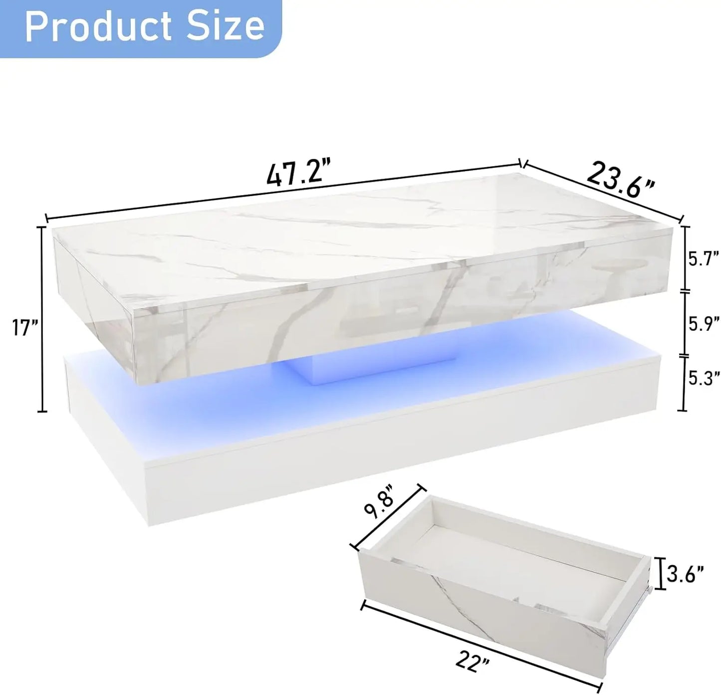 Modern Stylish Coffee Table with 2 Storage Drawers and LED lights