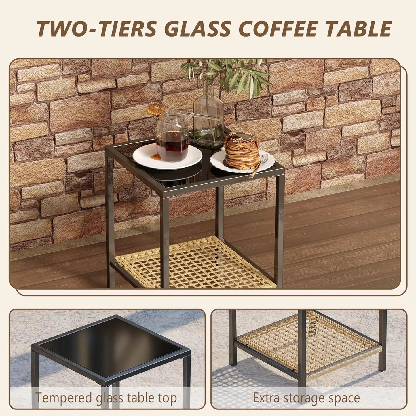 Set of 2 Outdoor Rocking Chair Bistro Set with Tempered Glass Coffee Table and Thick Lumbar Pillow