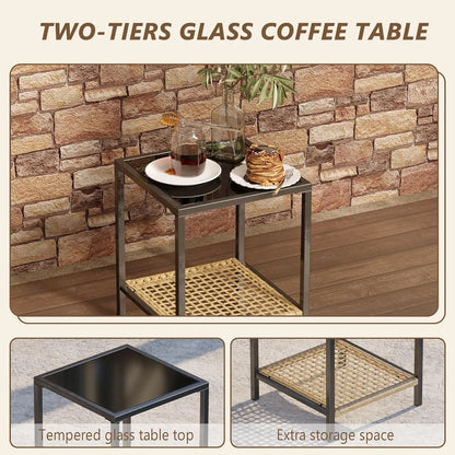 Set of 2 Outdoor Rocking Chair Bistro Set with Tempered Glass Coffee Table and Thick Lumbar Pillow