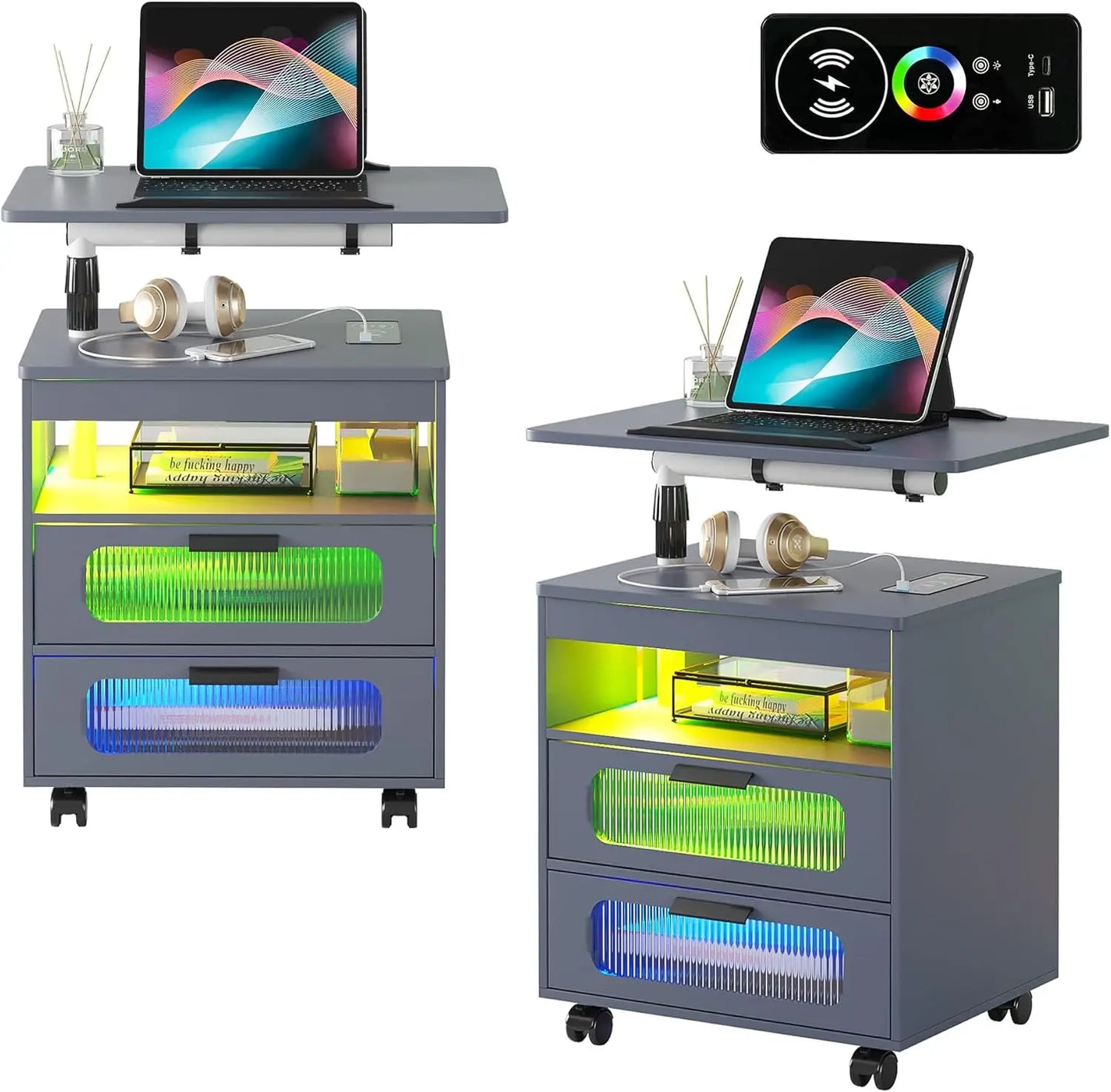 LED Nightstand Set of 2 with Wireless Charging Station, Smart Night Stand with Adjustable Rotary Table