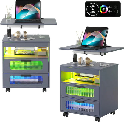 LED Nightstand Set of 2 with Wireless Charging Station, Smart Night Stand with Adjustable Rotary Table
