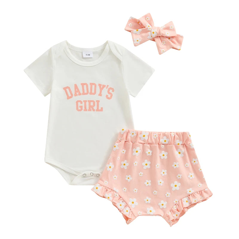 3Pcs  0-18 mo Baby Girl Outfit,  Daddy’s Girl, Short Sleeve Romper, Flower Ruffle Shorts, Headband