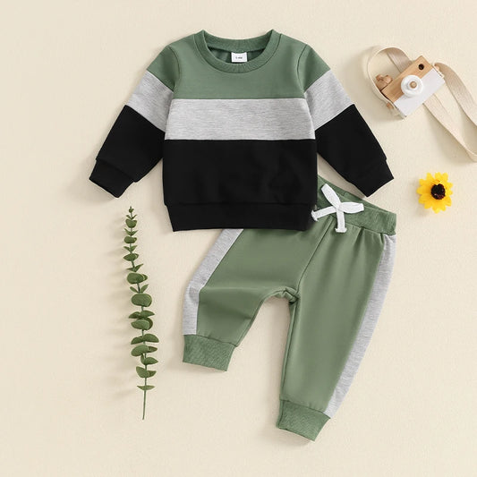 3-24 MO & 3T Boy Pants Set, Long Sleeve, Round Neck Sweatshirt. Drawstring Long Pants Contrast Color Outfits