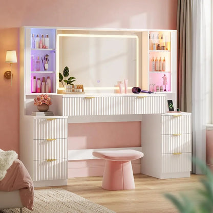 59.1" Vanity Desk with Mirror and Sound Sync LED Lights, 8 Drawers,