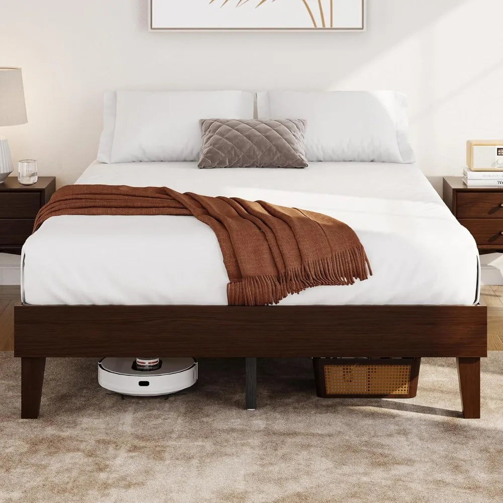 Natural Solid Wood Platform Bed with Wooden Slats Support, 12-inch Underbed Space for Storage